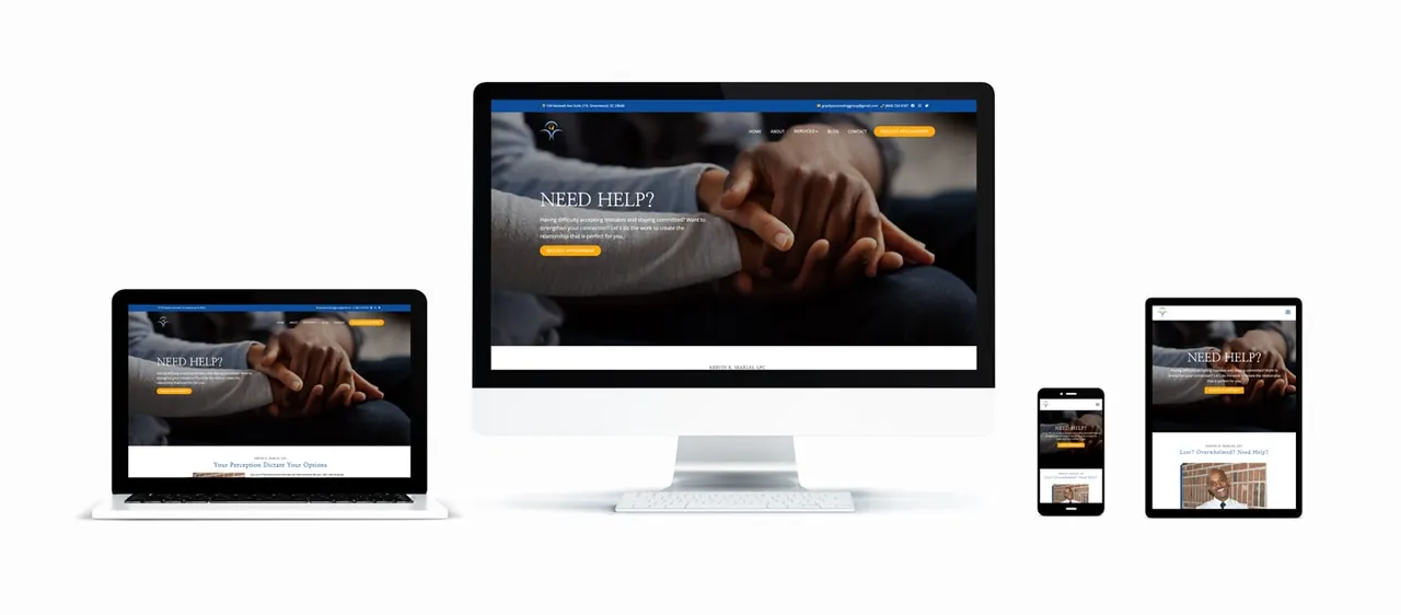 The Gravity Counseling Group website shown on desktop, laptop, tablet, and phone screens